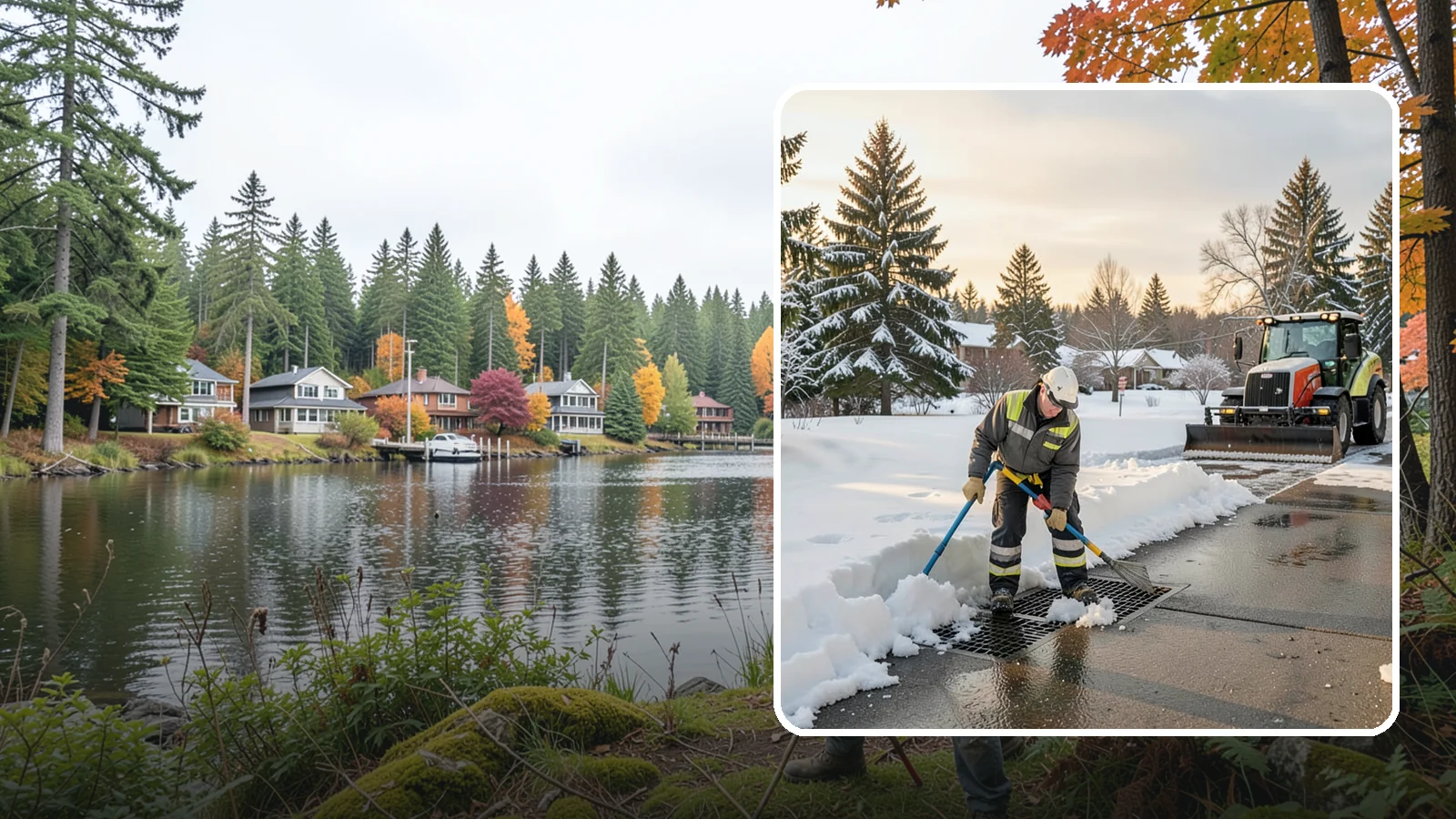 Catch Basin Snow Clearing in La Conner, Skagit County, WA - We keep catch basins and storm grates open so meltwater and rain drain instead of flooding your lot.