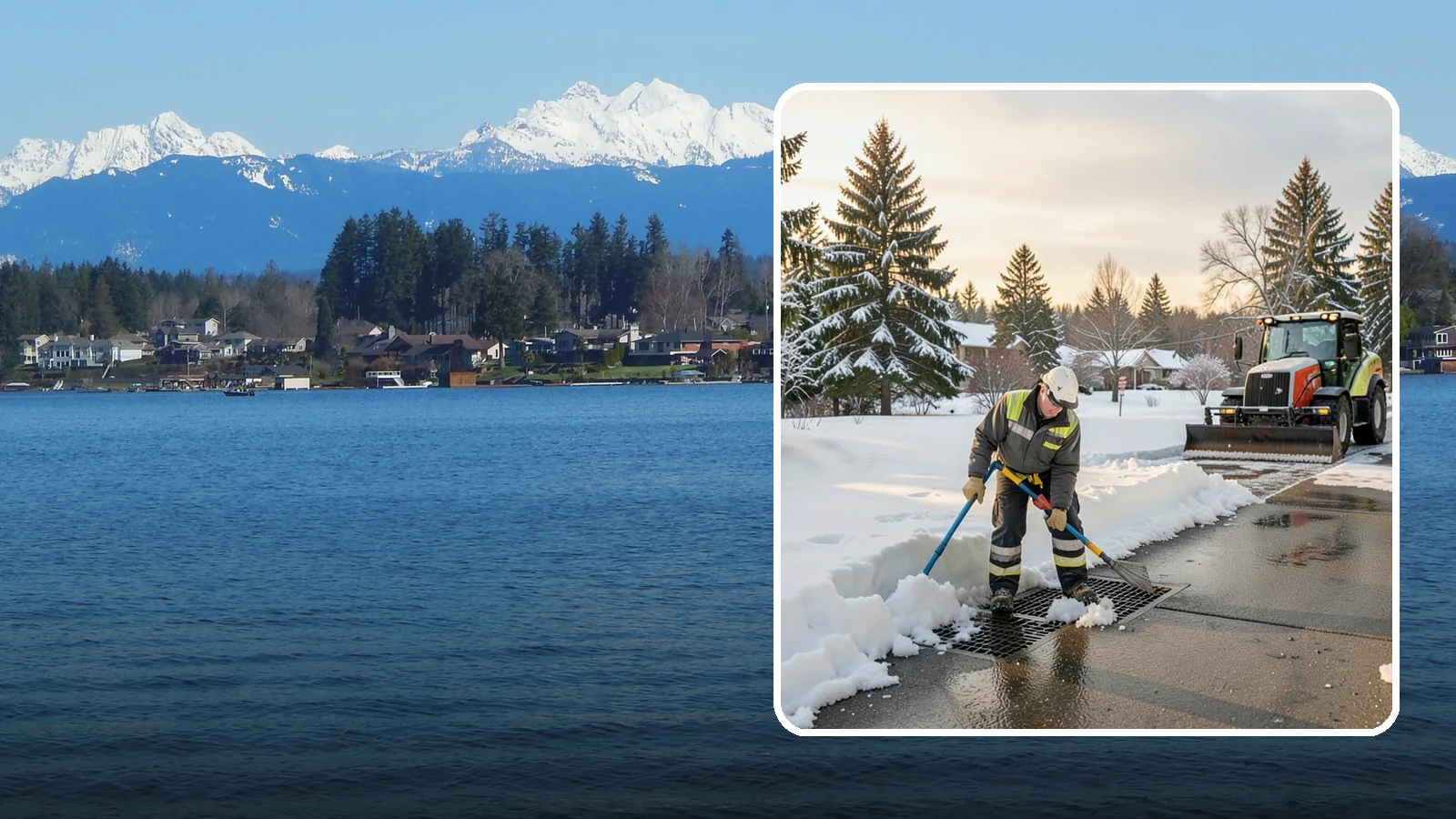 Catch Basin Snow Clearing in Lake Stevens, Snohomish County, WA - We keep catch basins and storm grates open so meltwater and rain drain instead of flooding your lot.