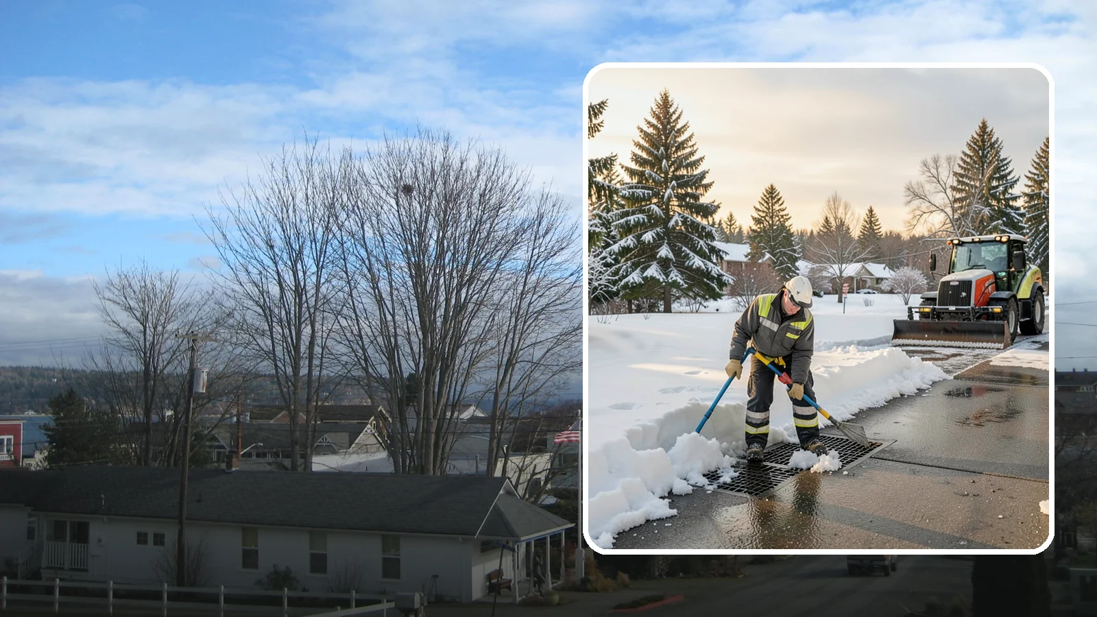 Catch Basin Snow Clearing in Langley, Island County, WA - We keep catch basins and storm grates open so meltwater and rain drain instead of flooding your lot.