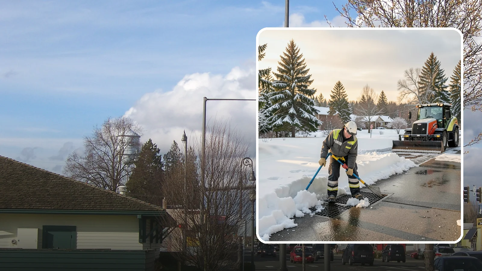 Catch Basin Snow Clearing in Marysville, Snohomish County, WA - We keep catch basins and storm grates open so meltwater and rain drain instead of flooding your lot.
