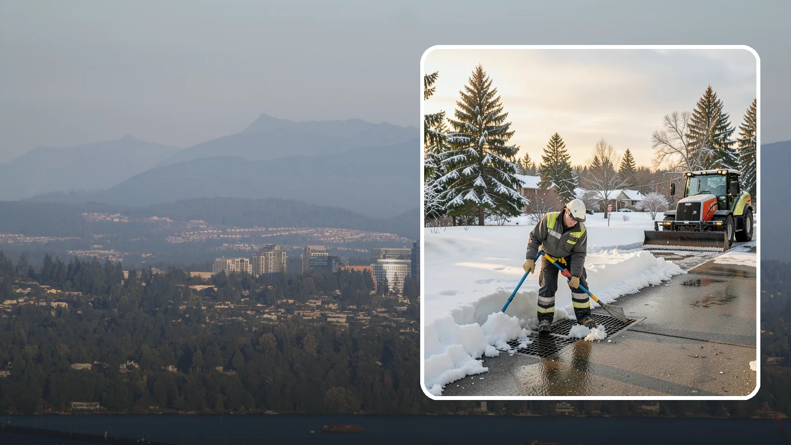 Catch Basin Snow Clearing in Medina, King County, WA - We keep catch basins and storm grates open so meltwater and rain drain instead of flooding your lot.