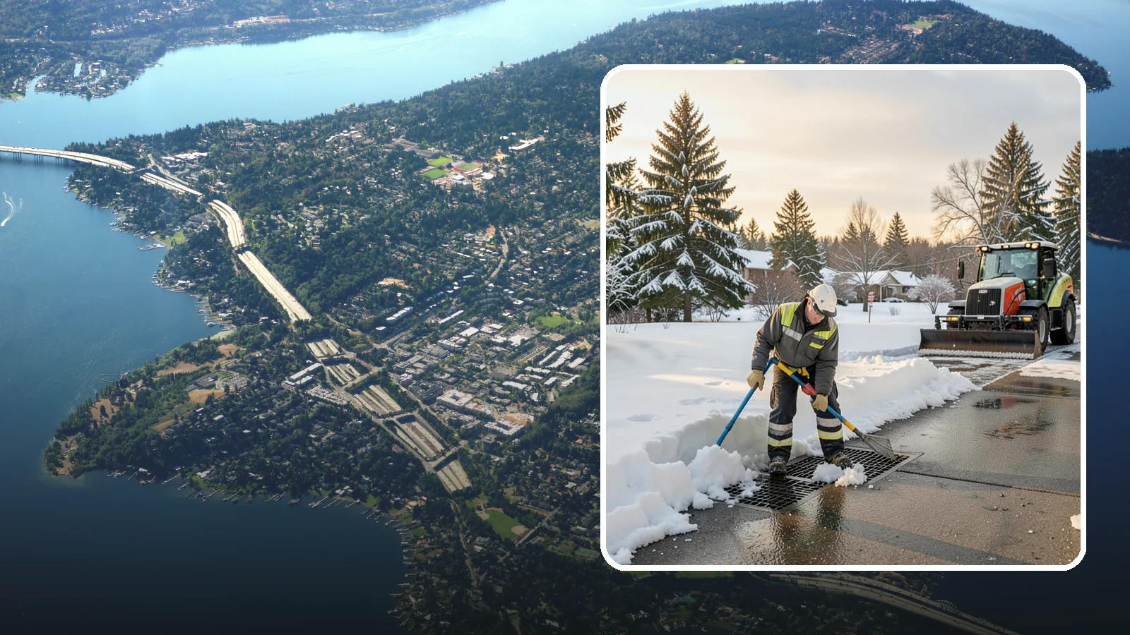 Catch Basin Snow Clearing in Mercer Island, King County, WA - We keep catch basins and storm grates open so meltwater and rain drain instead of flooding your lot.