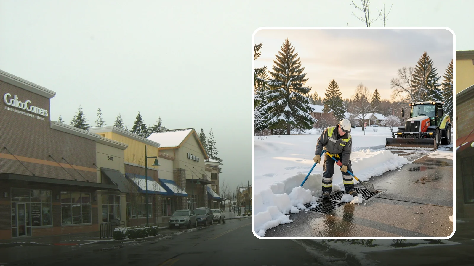 Catch Basin Snow Clearing in Mill Creek, Snohomish County, WA - We keep catch basins and storm grates open so meltwater and rain drain instead of flooding your lot.