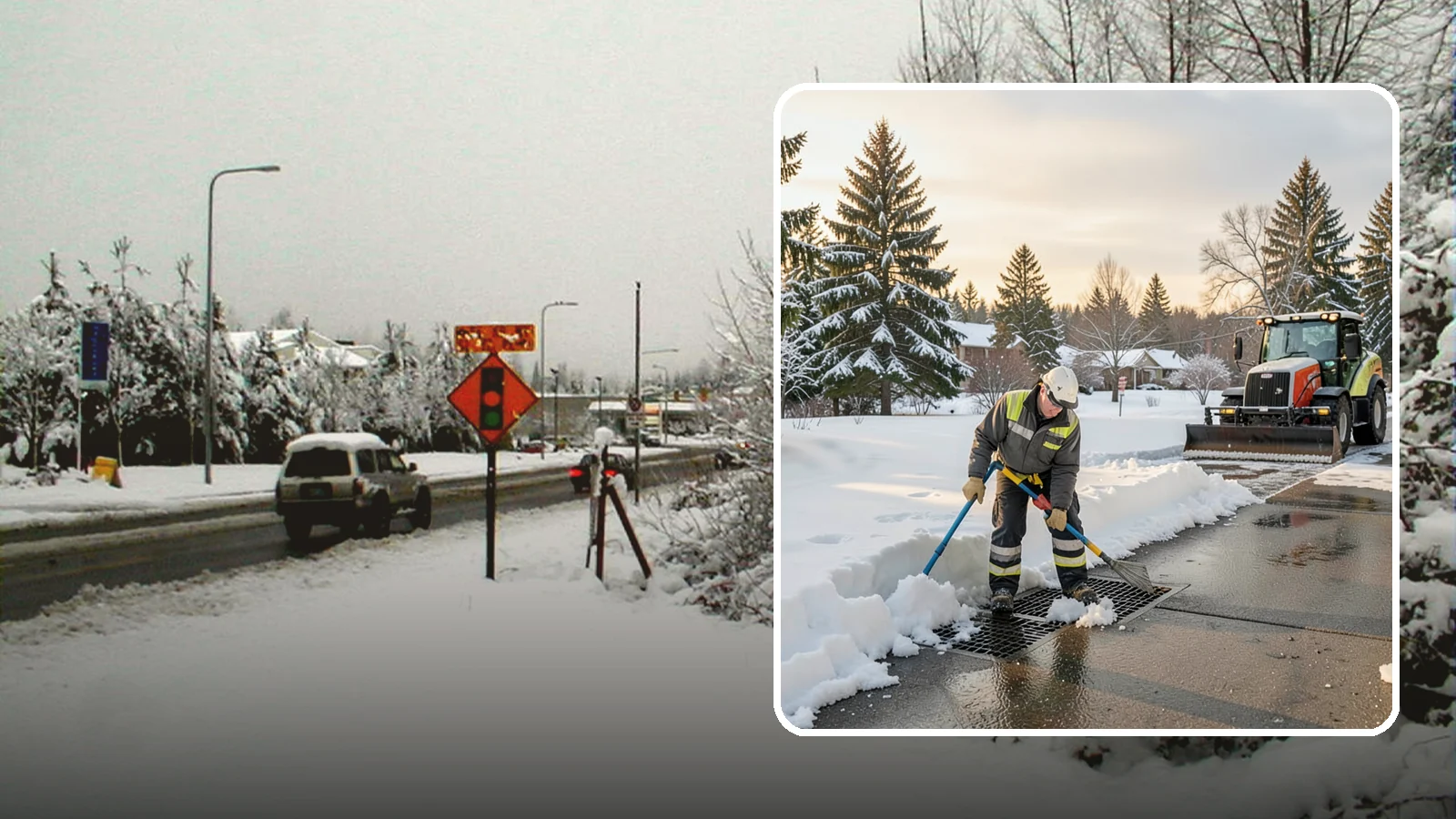 Catch Basin Snow Clearing in Newcastle, King County, WA - We keep catch basins and storm grates open so meltwater and rain drain instead of flooding your lot.