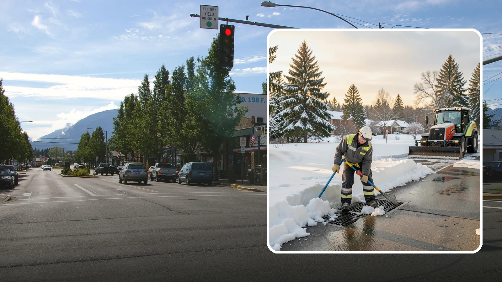 Catch Basin Snow Clearing in North Bend, King County, WA - We keep catch basins and storm grates open so meltwater and rain drain instead of flooding your lot.