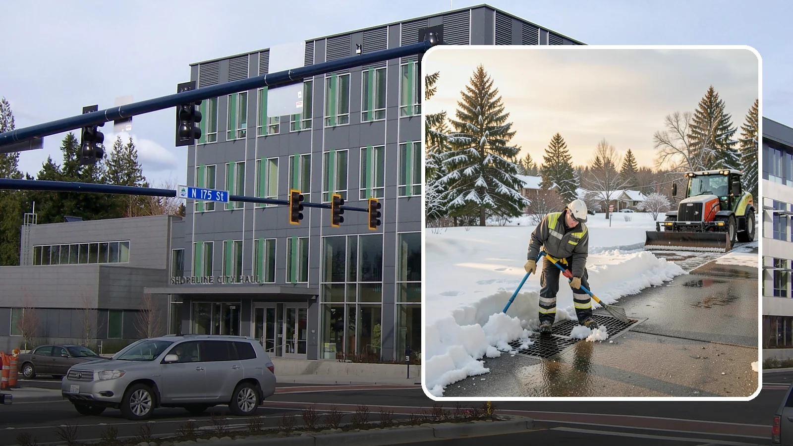 Catch Basin Snow Clearing in Shoreline, King County, WA - We keep catch basins and storm grates open so meltwater and rain drain instead of flooding your lot.