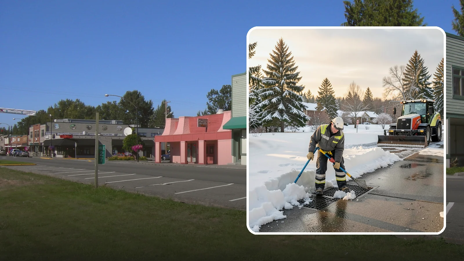 Catch Basin Snow Clearing in Snoqualmie, King County, WA - We keep catch basins and storm grates open so meltwater and rain drain instead of flooding your lot.