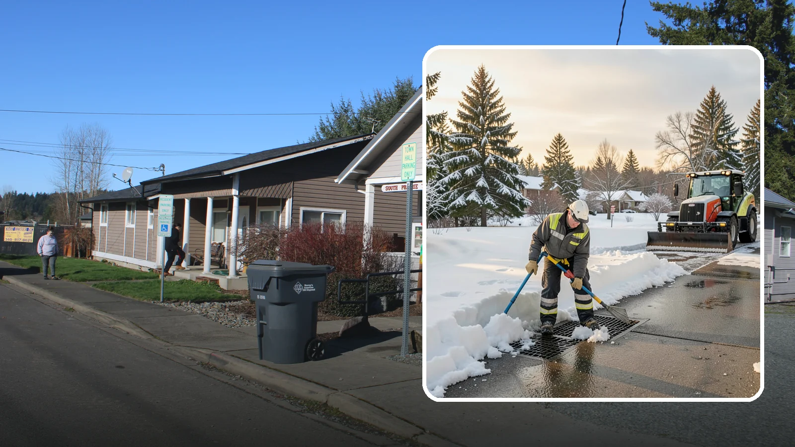 Catch Basin Snow Clearing in South Prairie, Pierce County, WA - We keep catch basins and storm grates open so meltwater and rain drain instead of flooding your lot.