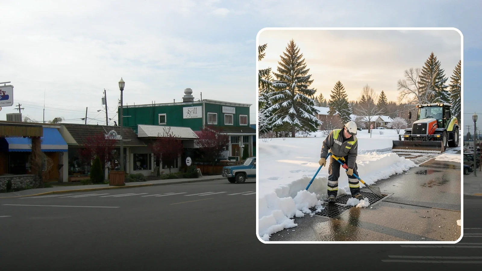 Catch Basin Snow Clearing in Stanwood, Snohomish County, WA - We keep catch basins and storm grates open so meltwater and rain drain instead of flooding your lot.