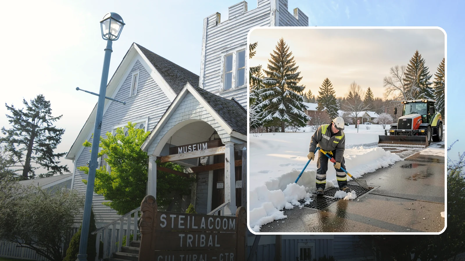 Catch Basin Snow Clearing in Steilacoom, Pierce County, WA - We keep catch basins and storm grates open so meltwater and rain drain instead of flooding your lot.