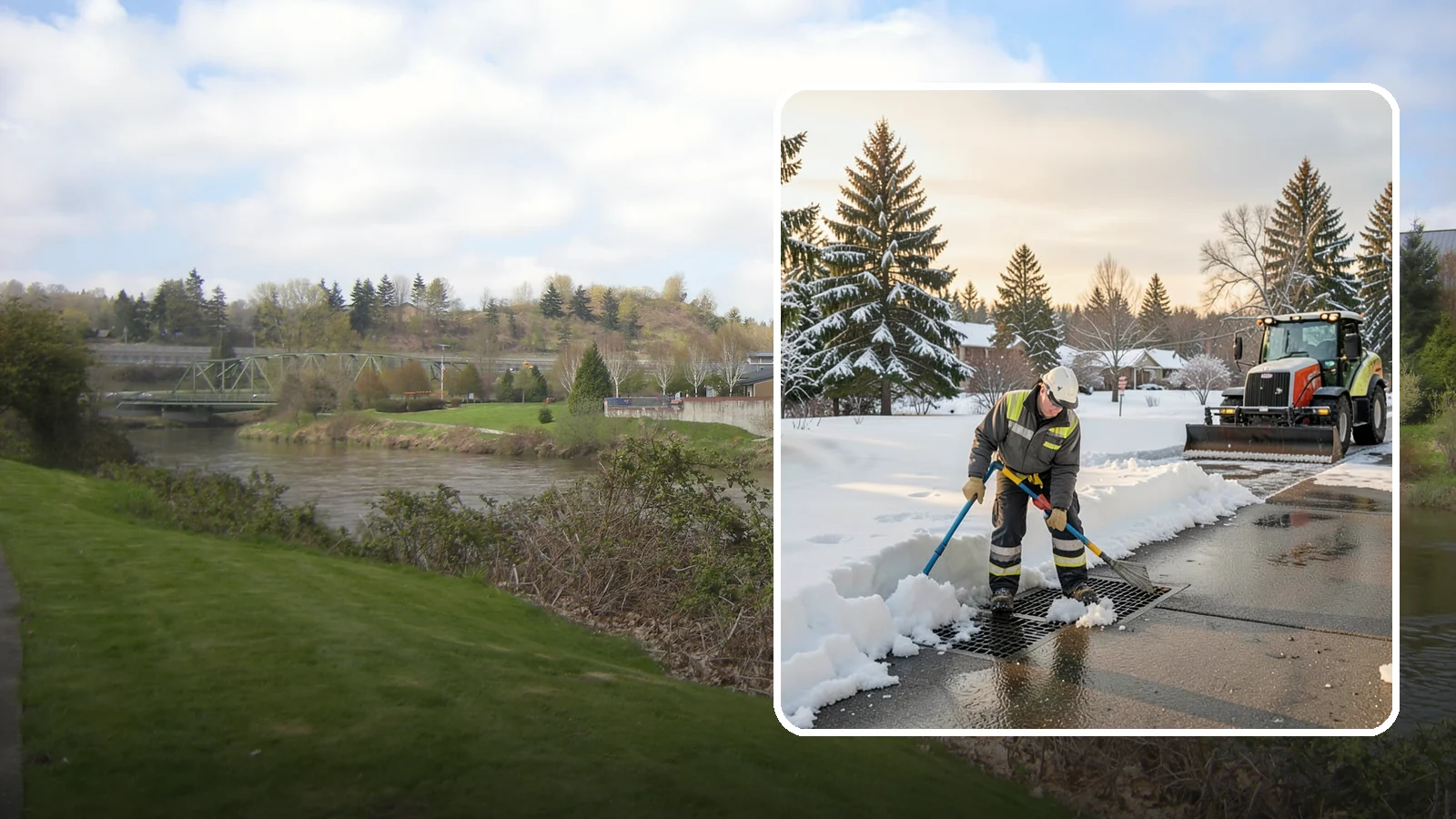Catch Basin Snow Clearing in Tukwila, King County, WA - We keep catch basins and storm grates open so meltwater and rain drain instead of flooding your lot.