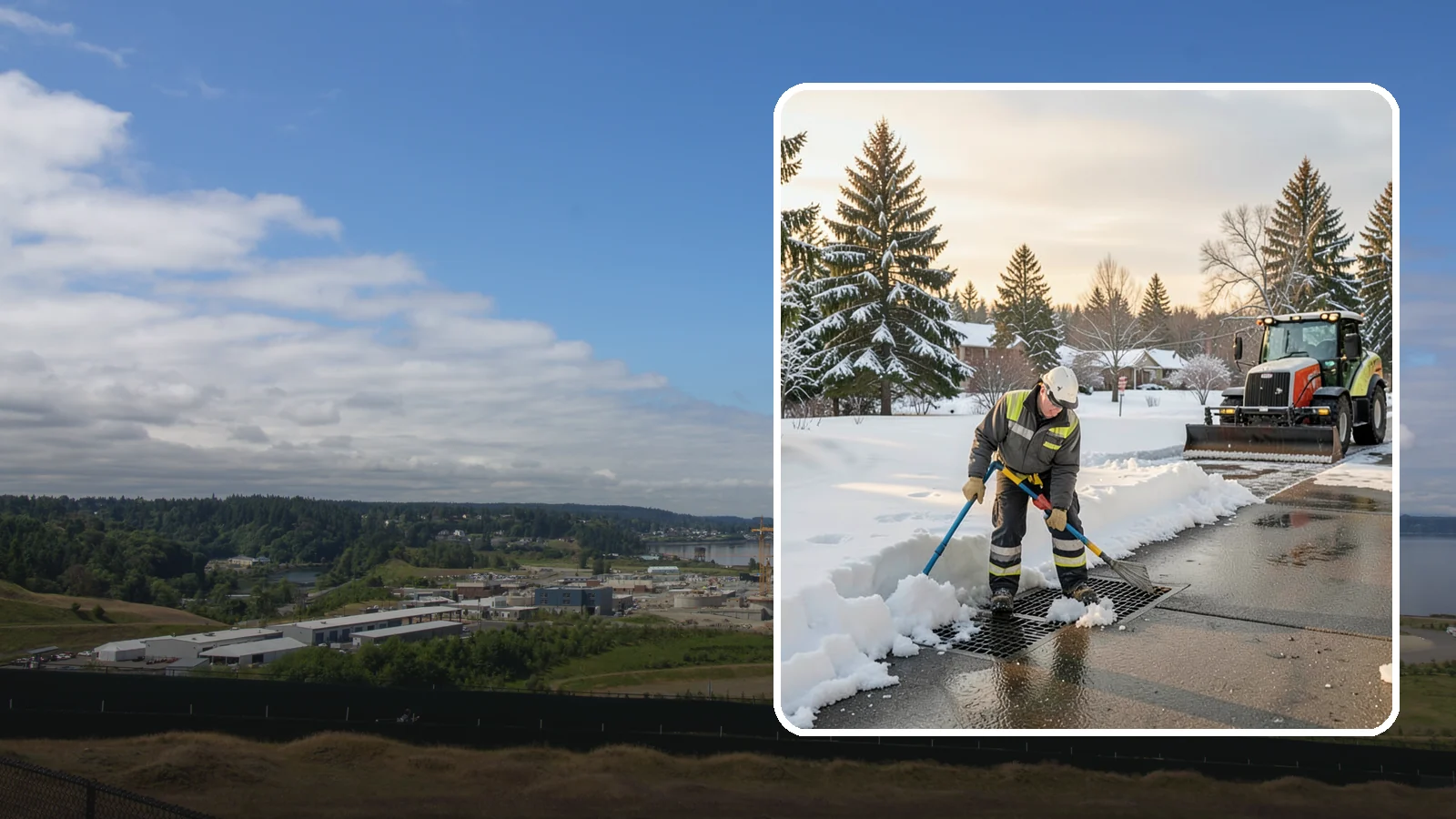 Catch Basin Snow Clearing in University Place, Pierce County, WA - We keep catch basins and storm grates open so meltwater and rain drain instead of flooding your lot.