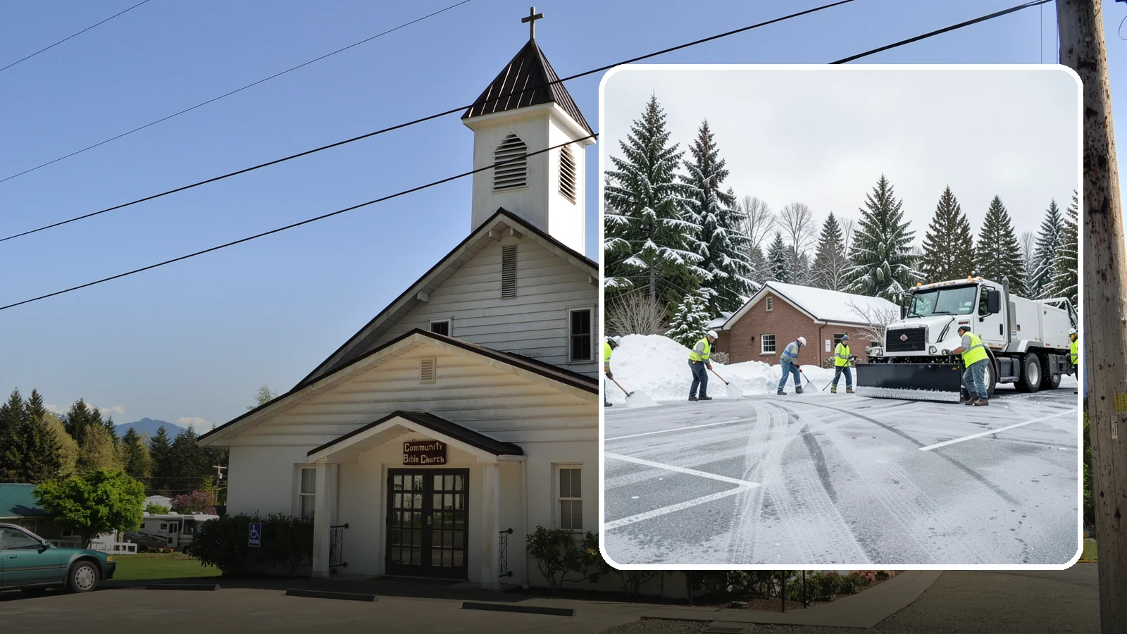 Church Parking Lot Snow Removal in Concrete, Skagit County, WA - We clear church lots ahead of weekend services so Western Washington congregations gather safely in winter.