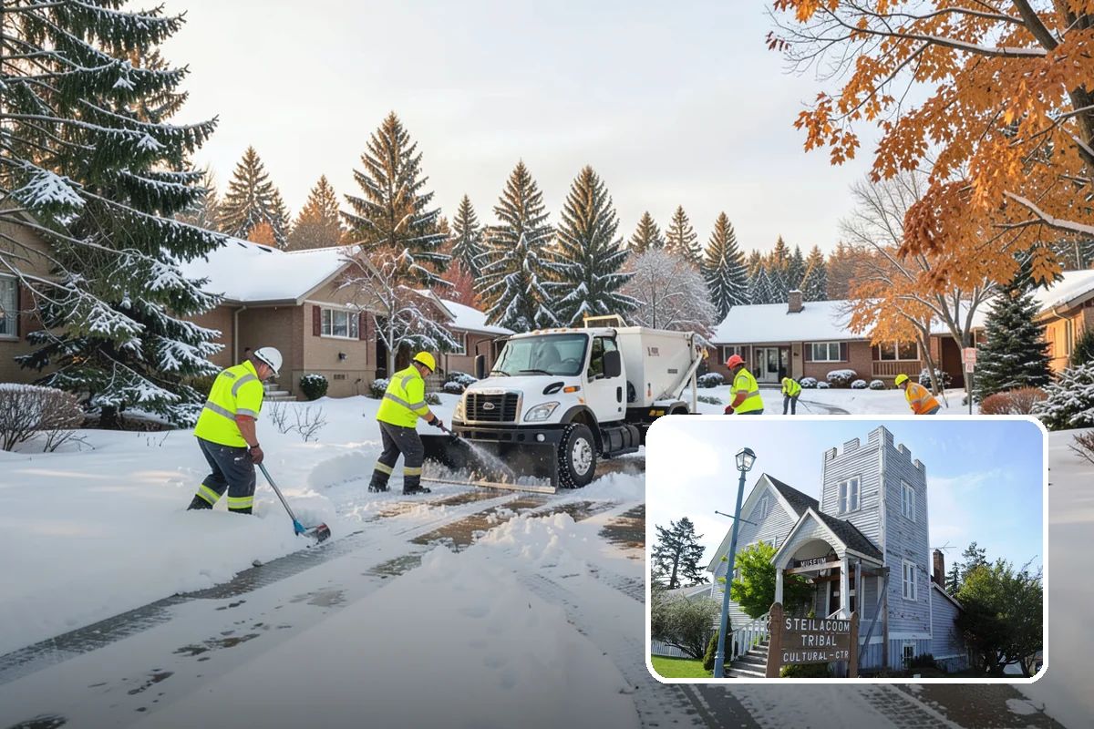 Church Parking Lot Snow Removal in Steilacoom, Pierce County, WA - Congregations arrive to a cleared lot for weekend and holiday services