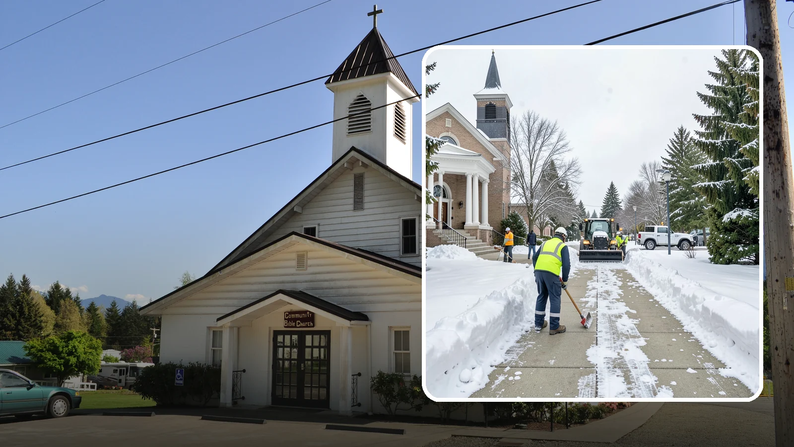 Church Sidewalk Clearing in Concrete, Skagit County, WA - Congregation-focused sidewalk clearing for Western Washington churches, keeping entry plazas and walks safe for services...