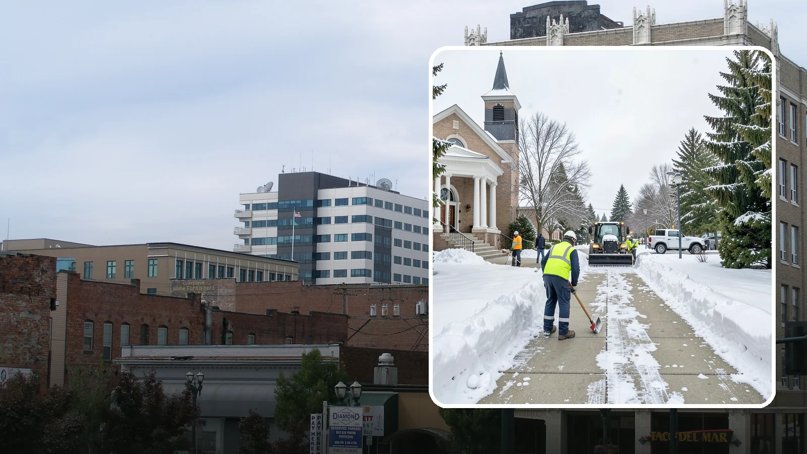 Church Sidewalk Clearing in Everett, Snohomish County, WA - Congregation-focused sidewalk clearing for Western Washington churches, keeping entry plazas and walks safe for services...