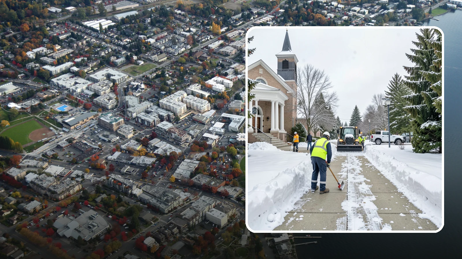 Church Sidewalk Clearing in Kirkland, King County, WA - Congregation-focused sidewalk clearing for Western Washington churches, keeping entry plazas and walks safe for services...