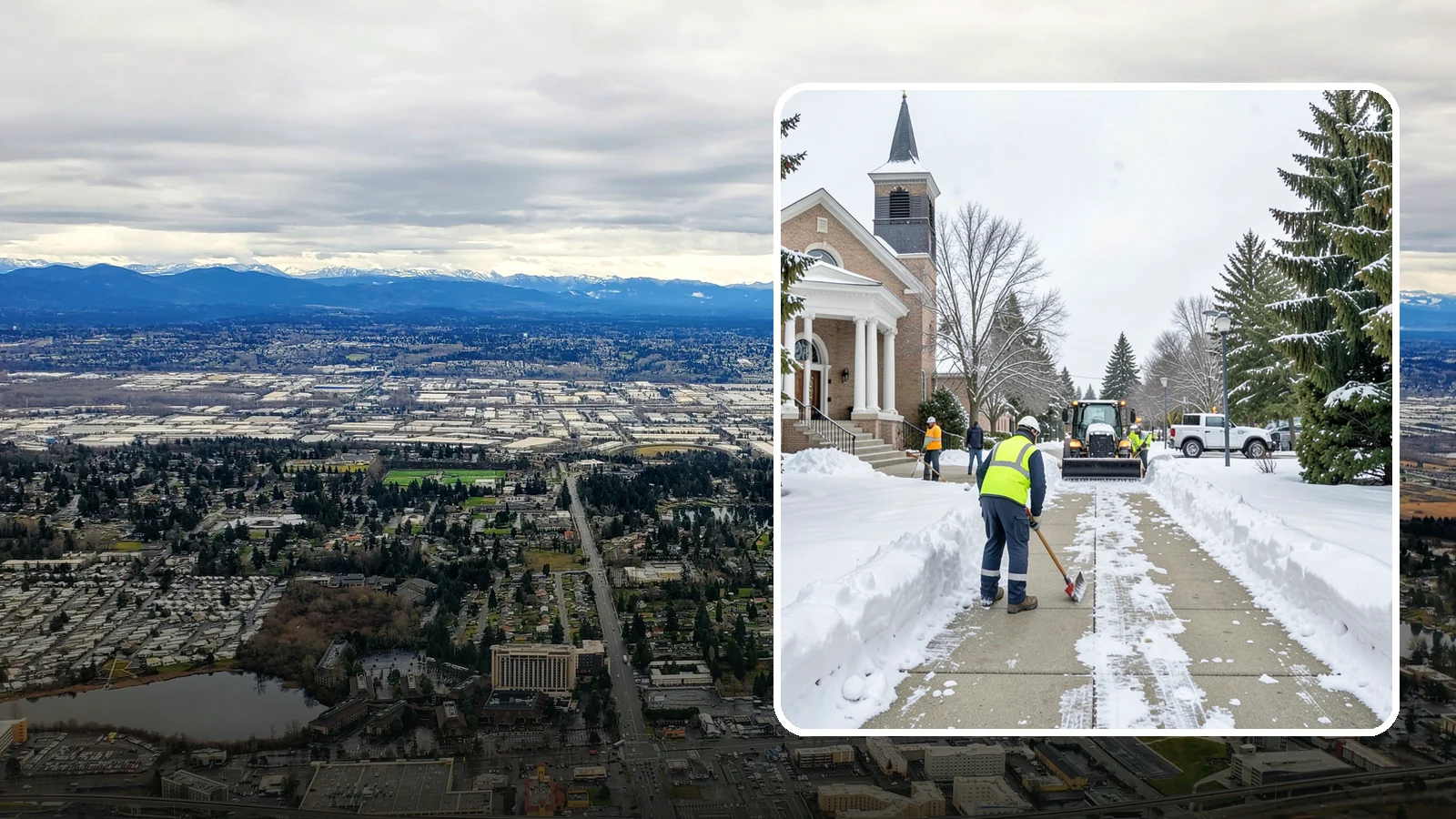 Church Sidewalk Clearing in SeaTac, King County, WA - Congregation-focused sidewalk clearing for Western Washington churches, keeping entry plazas and walks safe for services...