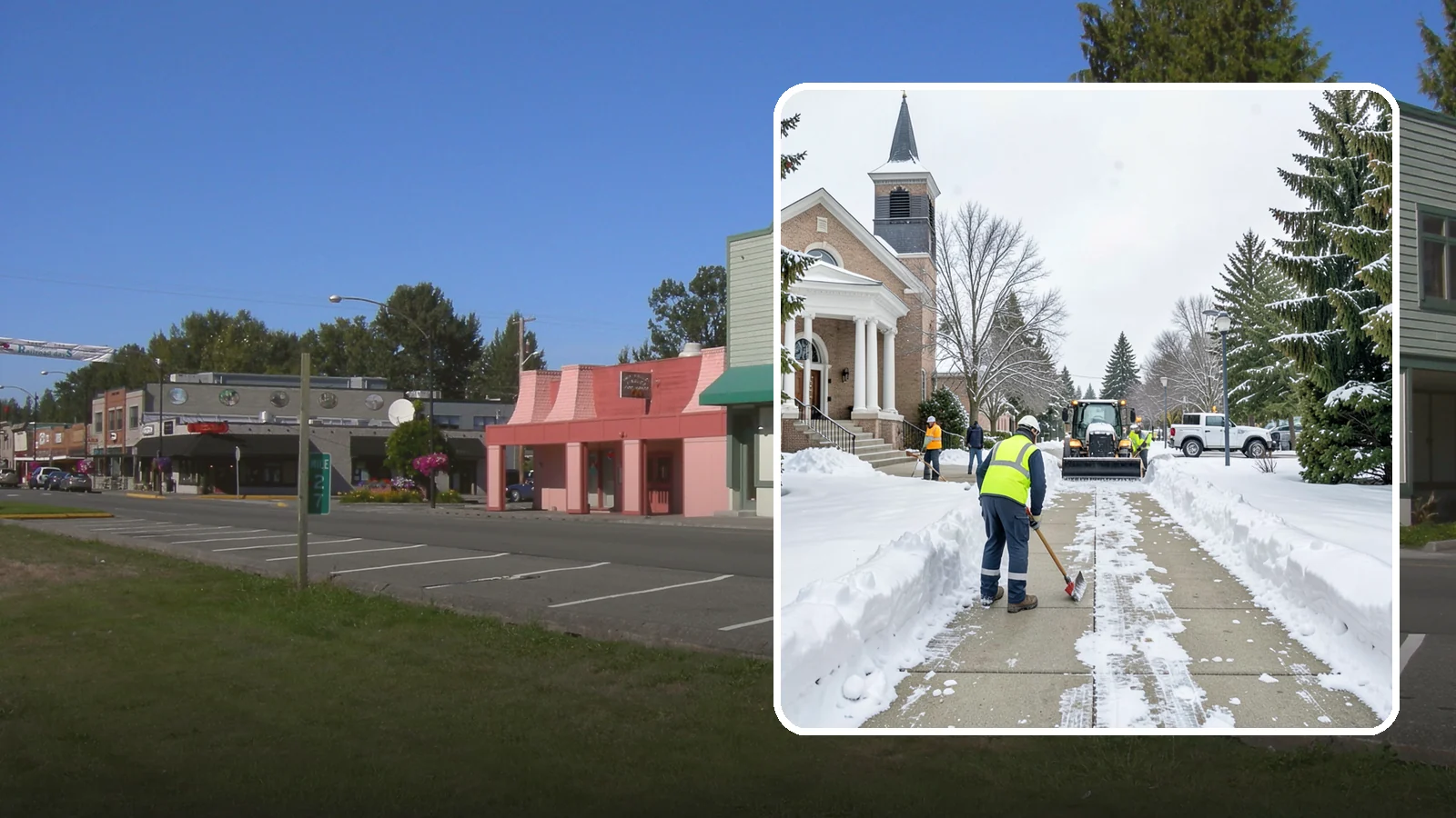 Church Sidewalk Clearing in Snoqualmie, King County, WA - Congregation-focused sidewalk clearing for Western Washington churches, keeping entry plazas and walks safe for services...