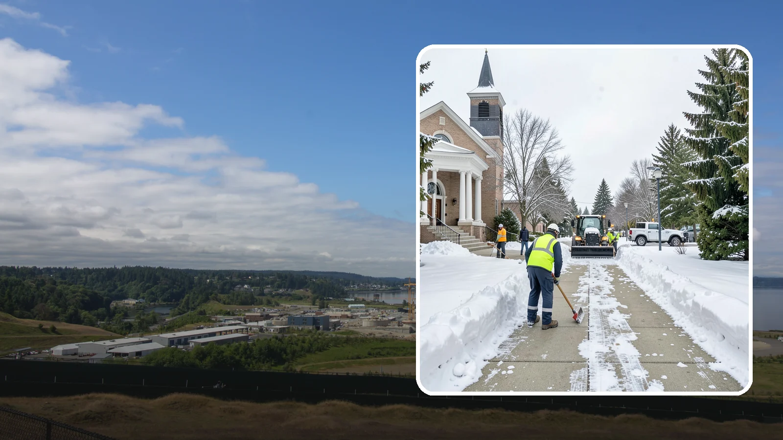 Church Sidewalk Clearing in University Place, Pierce County, WA - Congregation-focused sidewalk clearing for Western Washington churches, keeping entry plazas and walks safe for services...