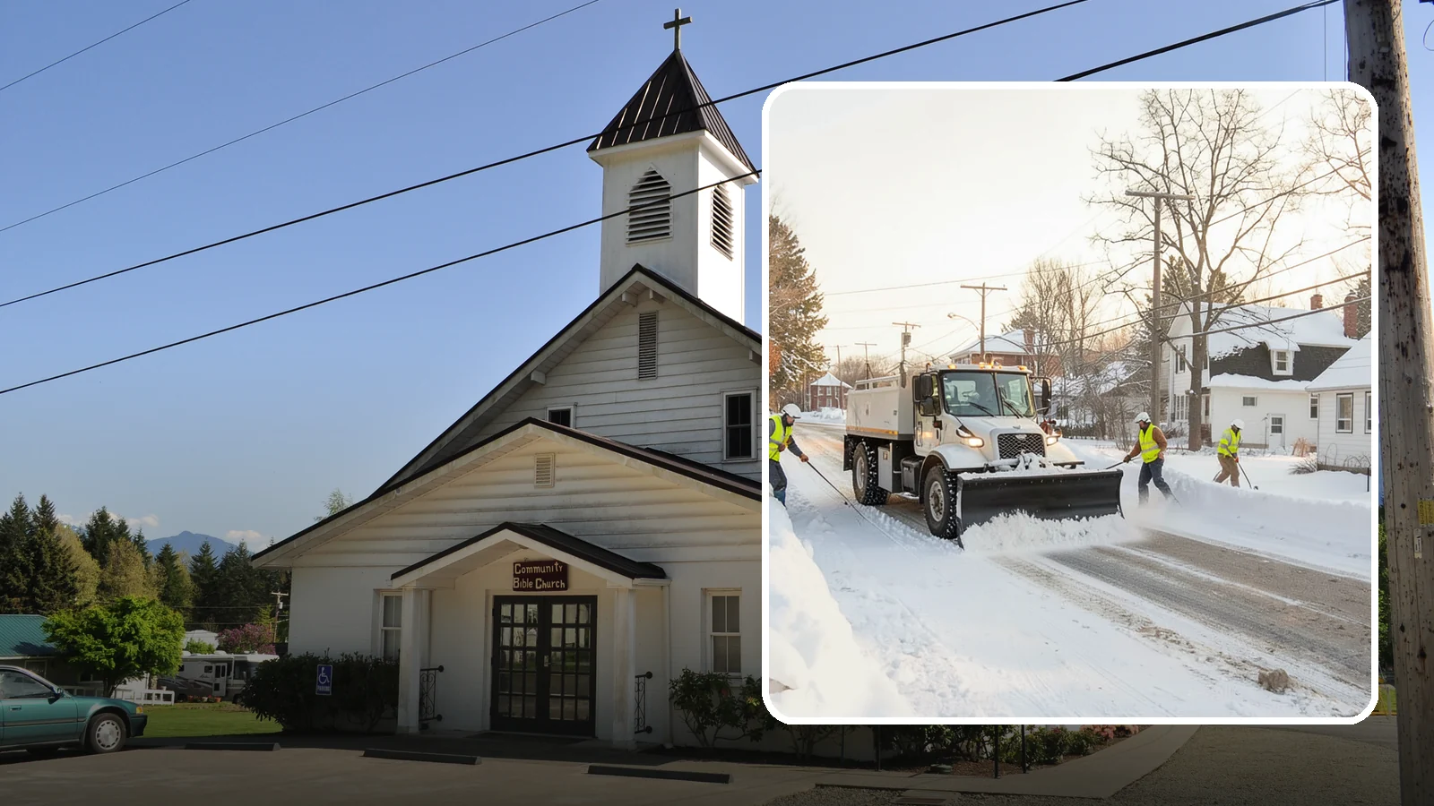 Church Snow Plowing in Concrete, Skagit County, WA - We plow church lots and entrances ahead of weekend services so congregations of every age arrive safely.