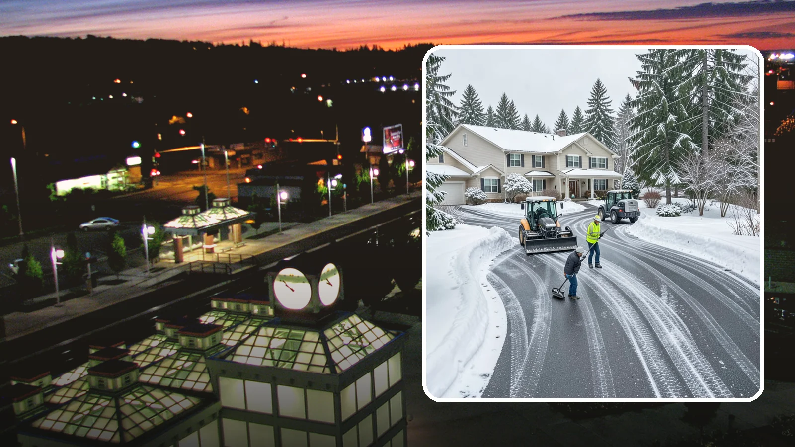 Circular Driveway Snow Removal in Auburn, King County, WA - We clear curved circular driveways evenly so the full loop stays open and safe.
