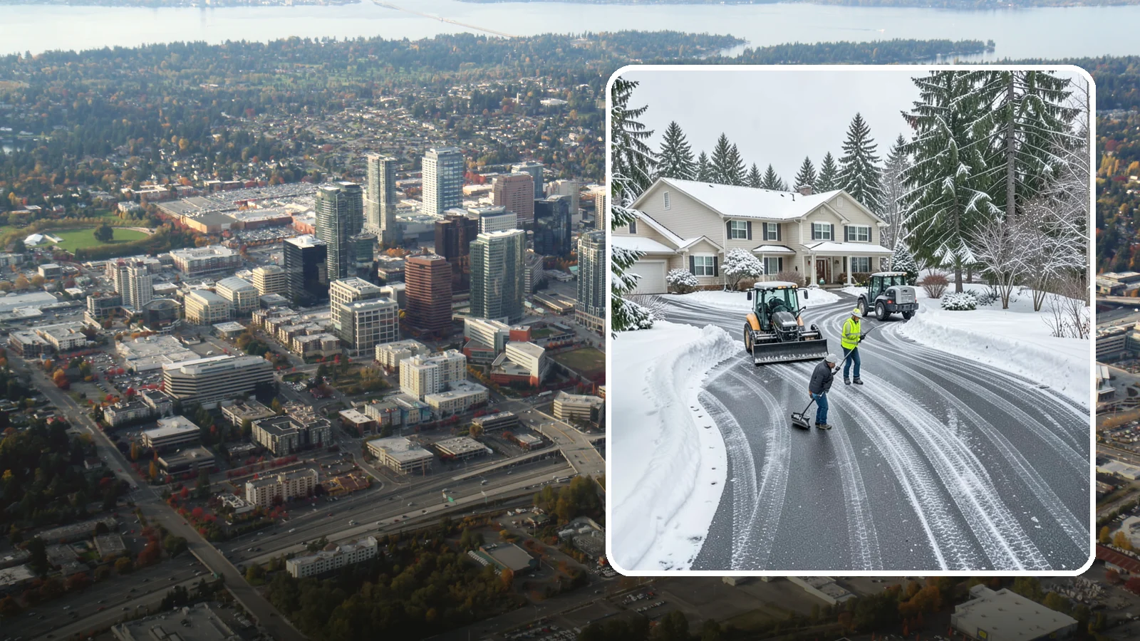 Circular Driveway Snow Removal in Bellevue, King County, WA - We clear curved circular driveways evenly so the full loop stays open and safe.