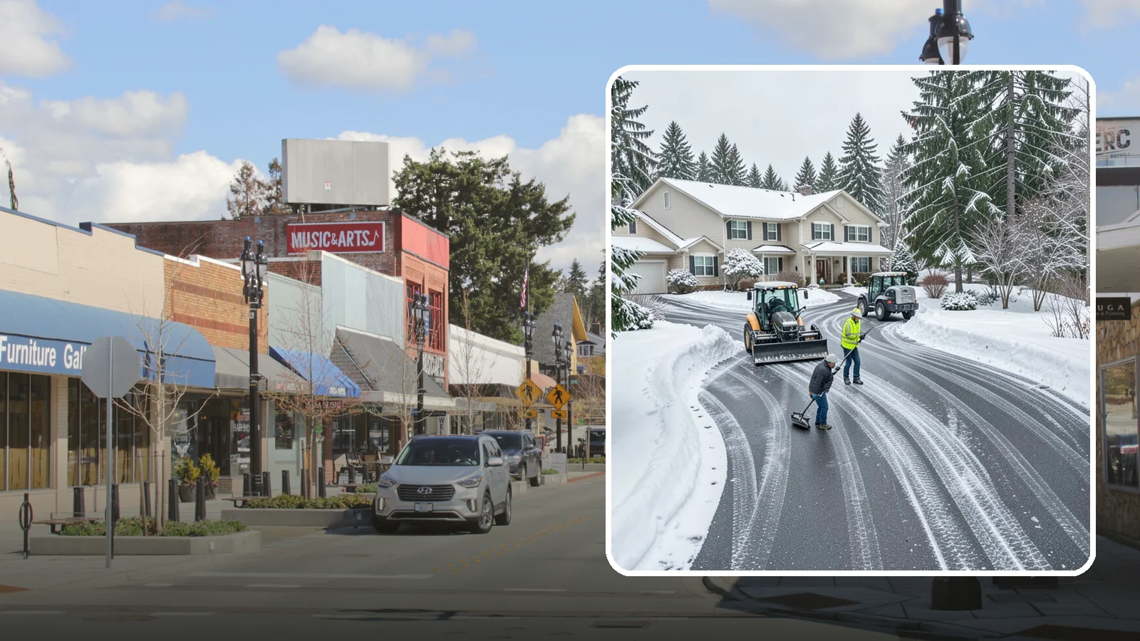 Circular Driveway Snow Removal in Bothell, King County, WA - We clear curved circular driveways evenly so the full loop stays open and safe.