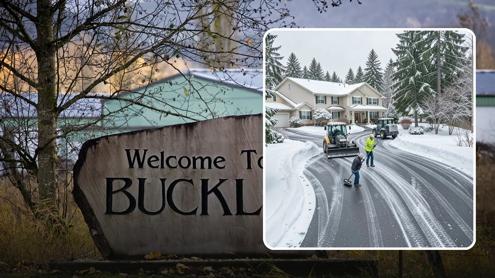 Circular Driveway Snow Removal in Buckley, Pierce County, WA - We clear curved circular driveways evenly so the full loop stays open and safe.