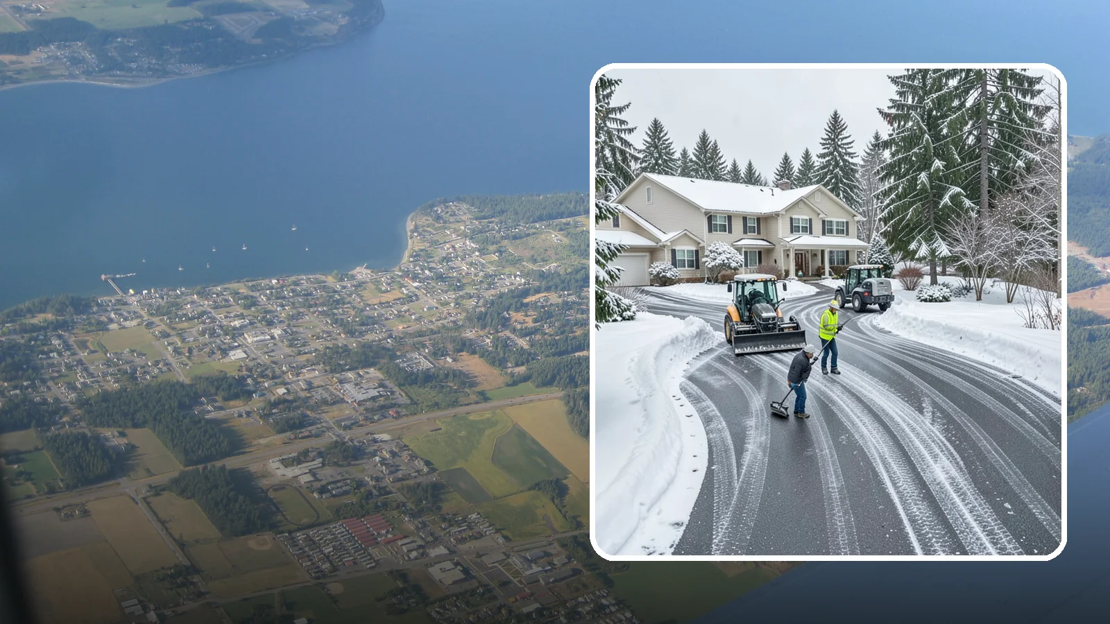 Circular Driveway Snow Removal in Coupeville, Island County, WA - We clear curved circular driveways evenly so the full loop stays open and safe.