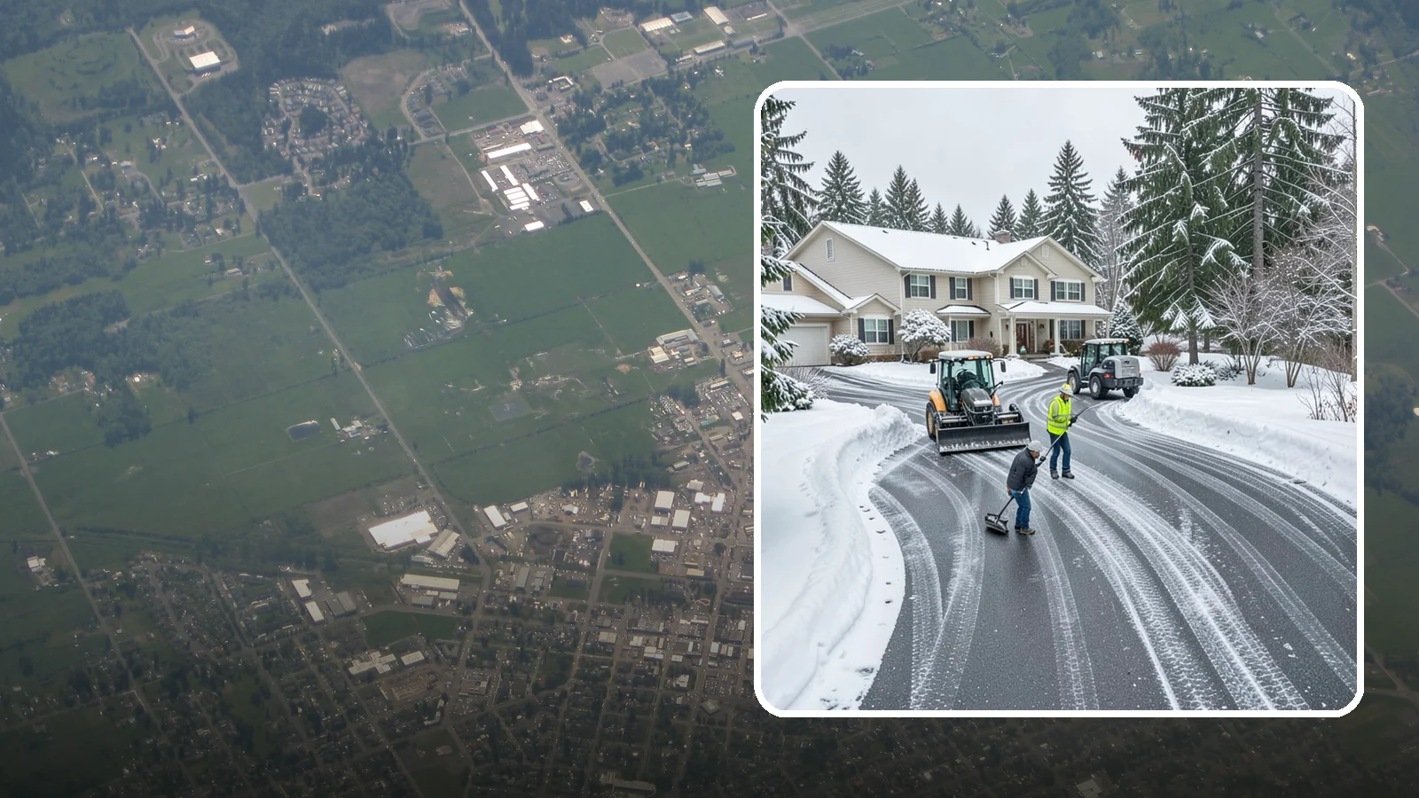 Circular Driveway Snow Removal in Enumclaw, King County, WA - We clear curved circular driveways evenly so the full loop stays open and safe.
