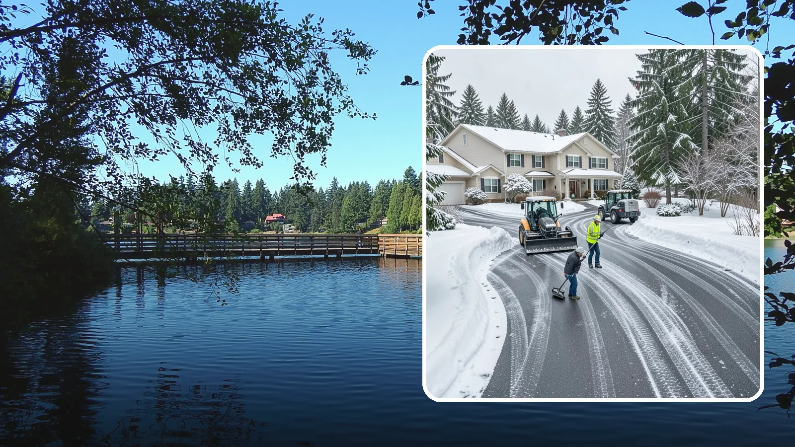 Circular Driveway Snow Removal in Federal Way, King County, WA - We clear curved circular driveways evenly so the full loop stays open and safe.