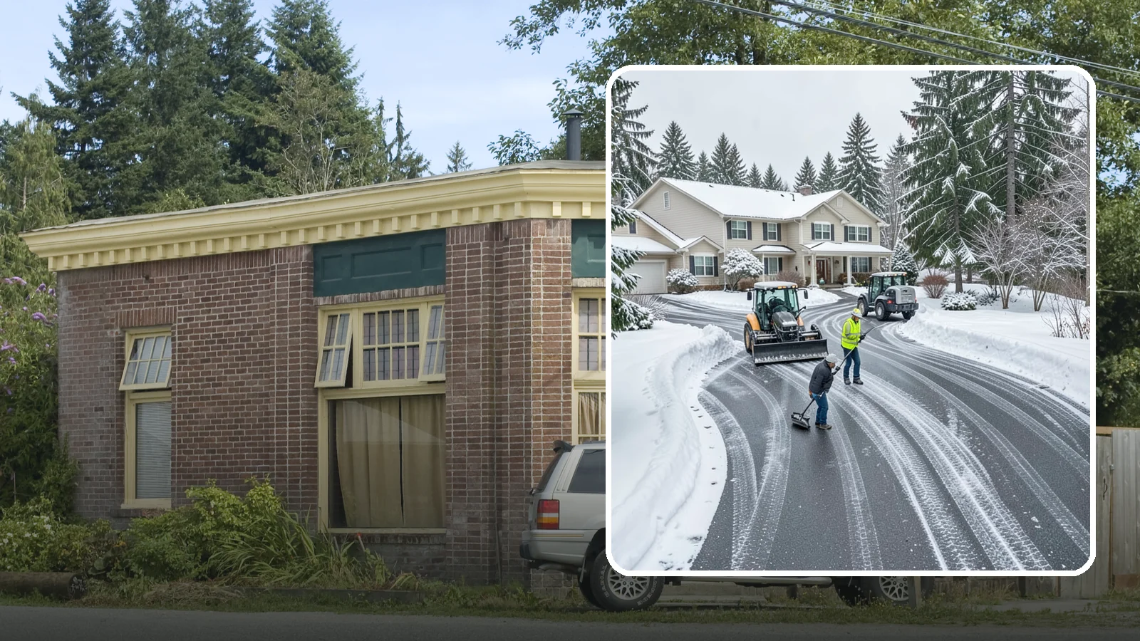 Circular Driveway Snow Removal in Hamilton, Skagit County, WA - We clear curved circular driveways evenly so the full loop stays open and safe.