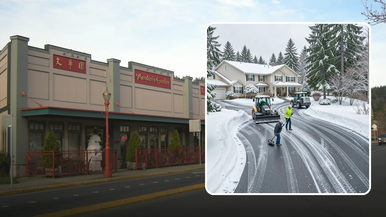 Circular Driveway Snow Removal in Issaquah, King County, WA - We clear curved circular driveways evenly so the full loop stays open and safe.