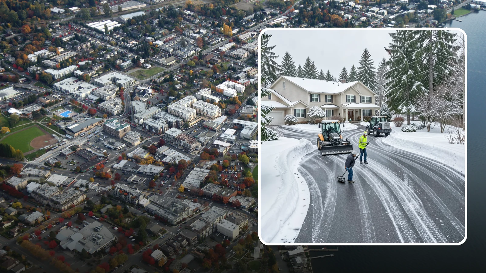 Circular Driveway Snow Removal in Kirkland, King County, WA - We clear curved circular driveways evenly so the full loop stays open and safe.