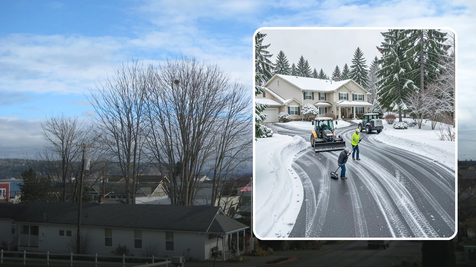Circular Driveway Snow Removal in Langley, Island County, WA - We clear curved circular driveways evenly so the full loop stays open and safe.