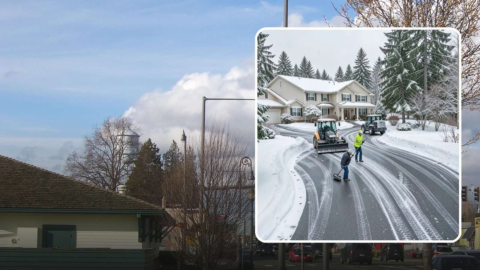Circular Driveway Snow Removal in Marysville, Snohomish County, WA - We clear curved circular driveways evenly so the full loop stays open and safe.