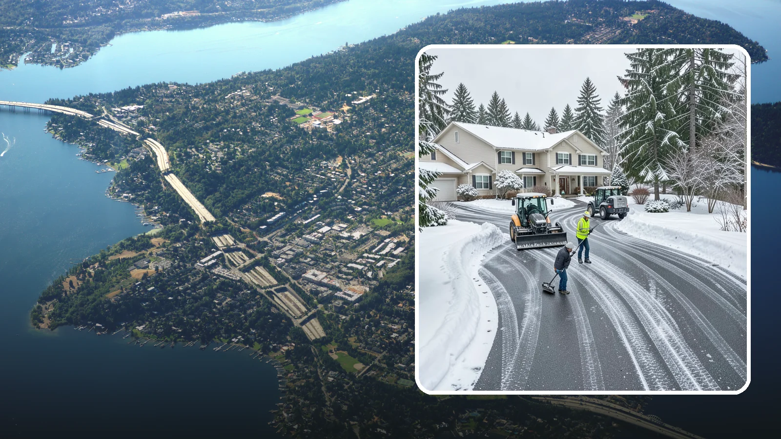 Circular Driveway Snow Removal in Mercer Island, King County, WA - We clear curved circular driveways evenly so the full loop stays open and safe.