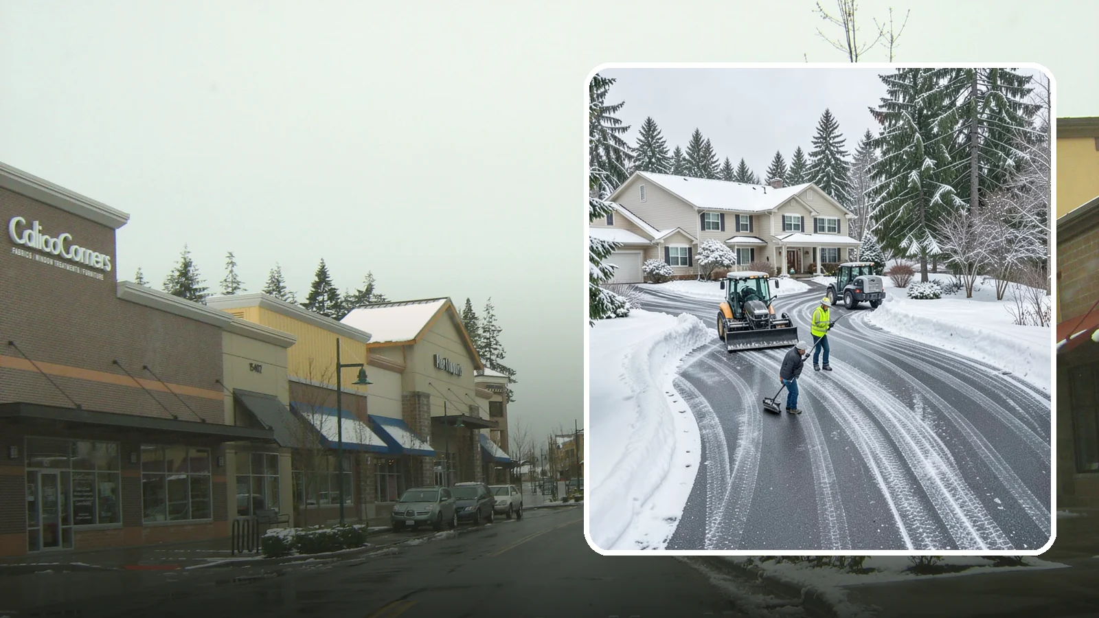 Circular Driveway Snow Removal in Mill Creek, Snohomish County, WA - We clear curved circular driveways evenly so the full loop stays open and safe.