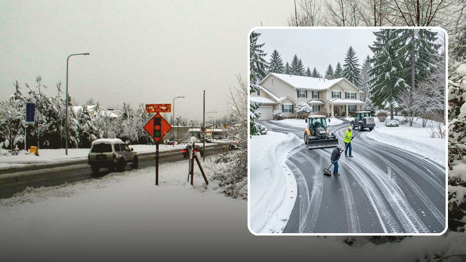 Circular Driveway Snow Removal in Newcastle, King County, WA - We clear curved circular driveways evenly so the full loop stays open and safe.
