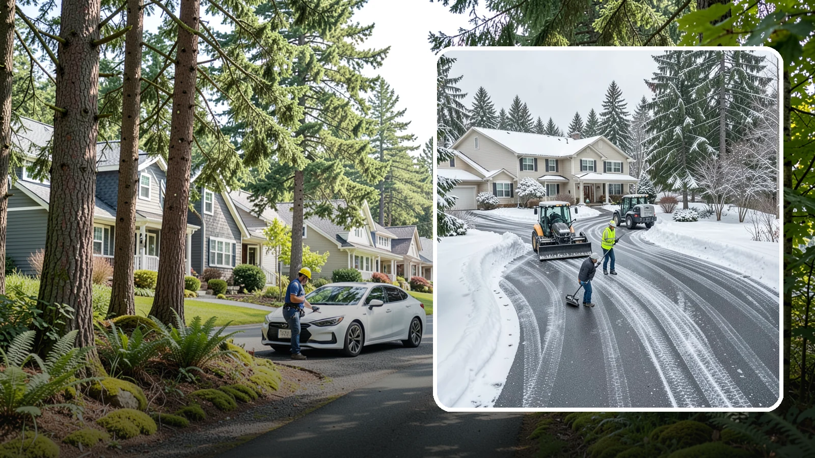 Circular Driveway Snow Removal in Normandy Park, King County, WA - We clear curved circular driveways evenly so the full loop stays open and safe.
