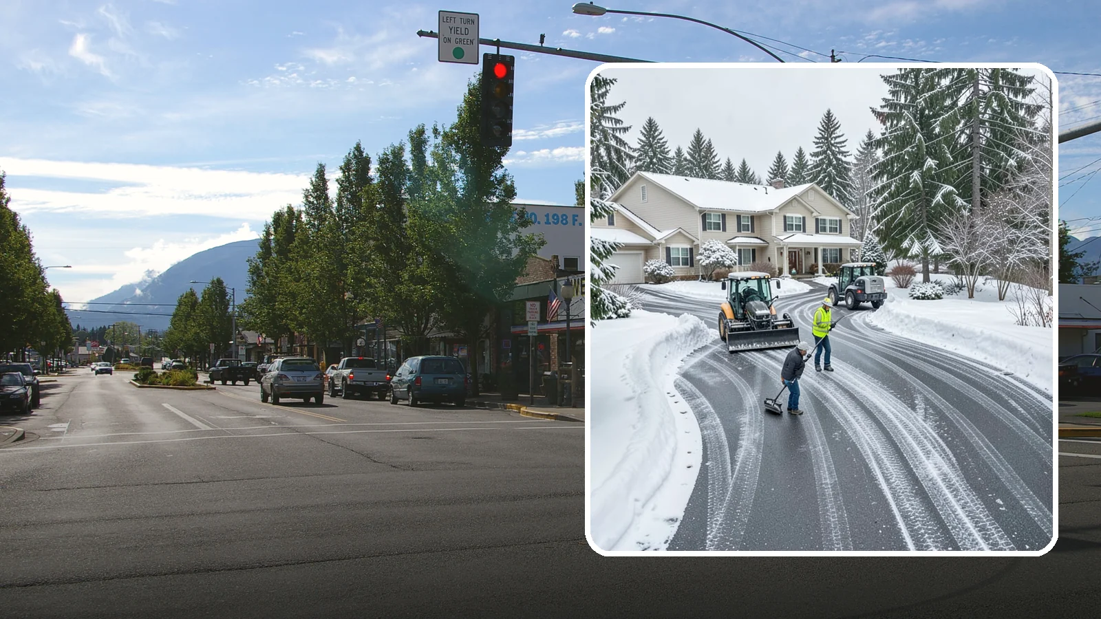 Circular Driveway Snow Removal in North Bend, King County, WA - We clear curved circular driveways evenly so the full loop stays open and safe.