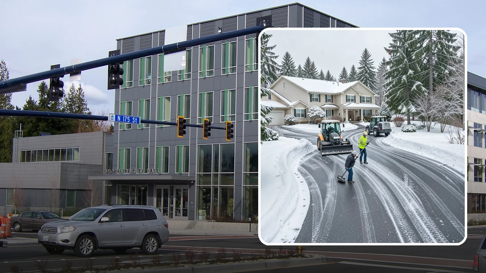 Circular Driveway Snow Removal in Shoreline, King County, WA - We clear curved circular driveways evenly so the full loop stays open and safe.