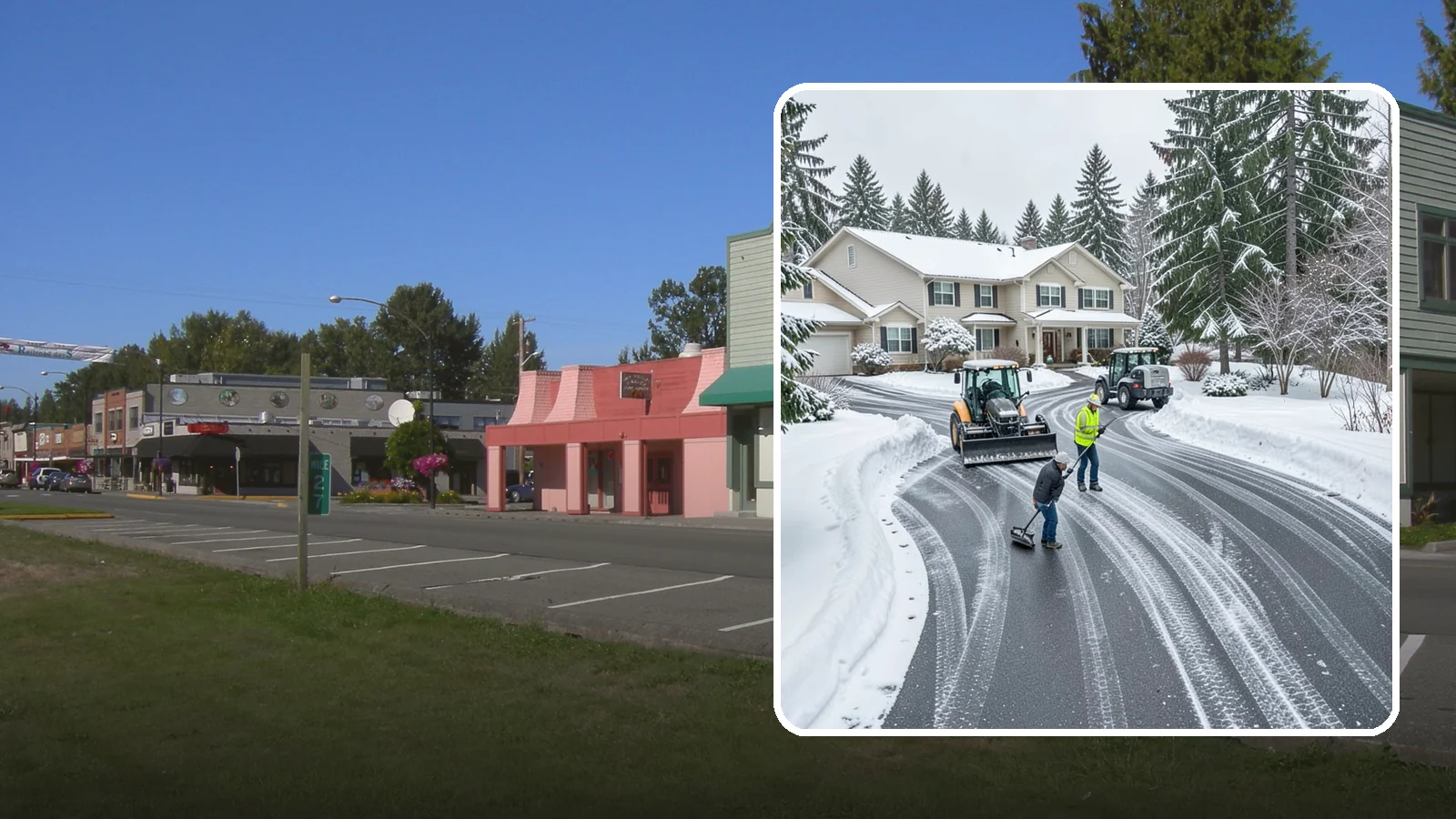 Circular Driveway Snow Removal in Snoqualmie, King County, WA - We clear curved circular driveways evenly so the full loop stays open and safe.
