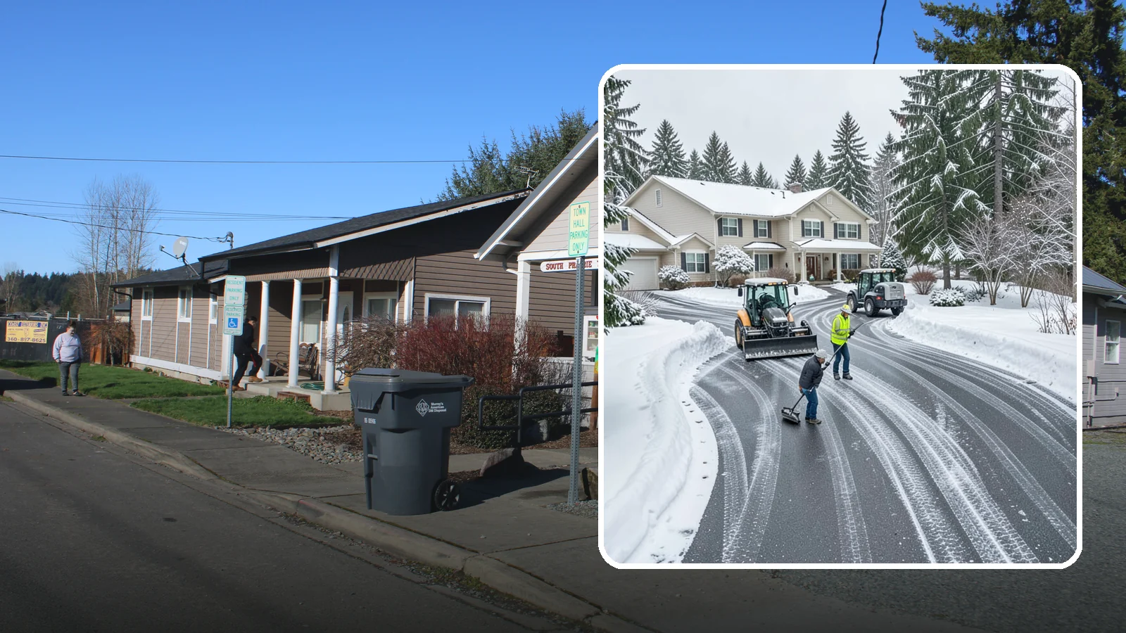 Circular Driveway Snow Removal in South Prairie, Pierce County, WA - We clear curved circular driveways evenly so the full loop stays open and safe.