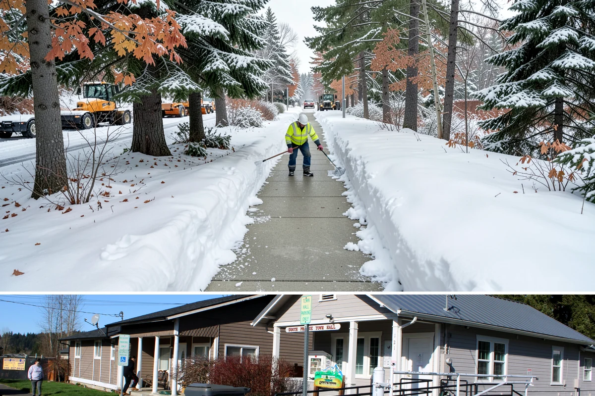 Circular Driveway Snow Removal in South Prairie, Pierce County, WA - Circular driveway service is busiest during lowland snowfalls in midwinter.