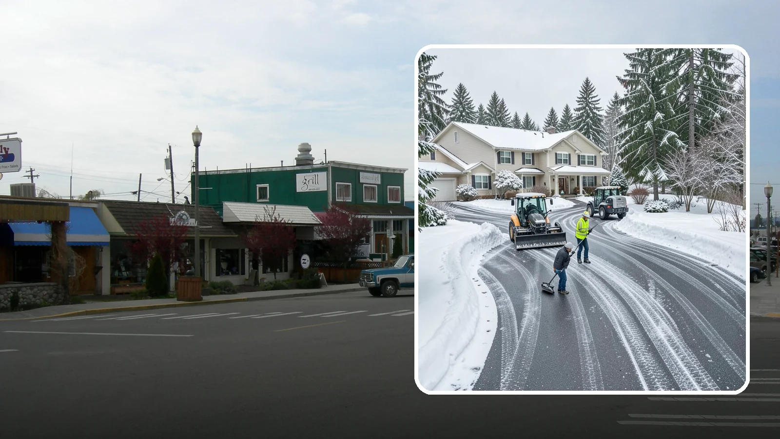 Circular Driveway Snow Removal in Stanwood, Snohomish County, WA - We clear curved circular driveways evenly so the full loop stays open and safe.