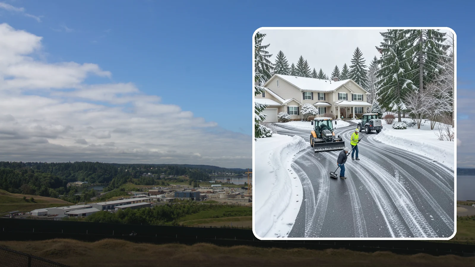 Circular Driveway Snow Removal in University Place, Pierce County, WA - We clear curved circular driveways evenly so the full loop stays open and safe.