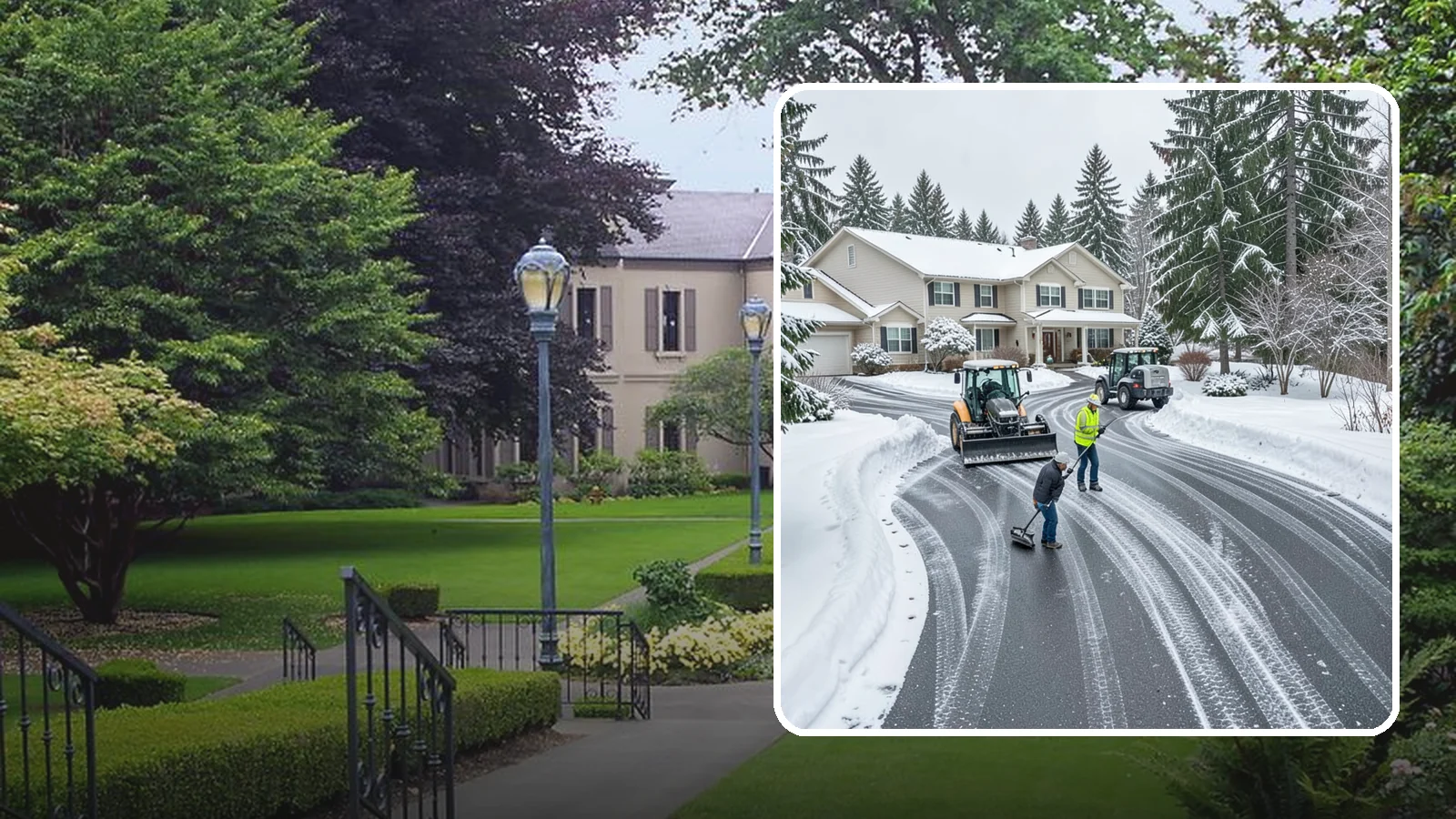 Circular Driveway Snow Removal in Woodinville, King County, WA - We clear curved circular driveways evenly so the full loop stays open and safe.