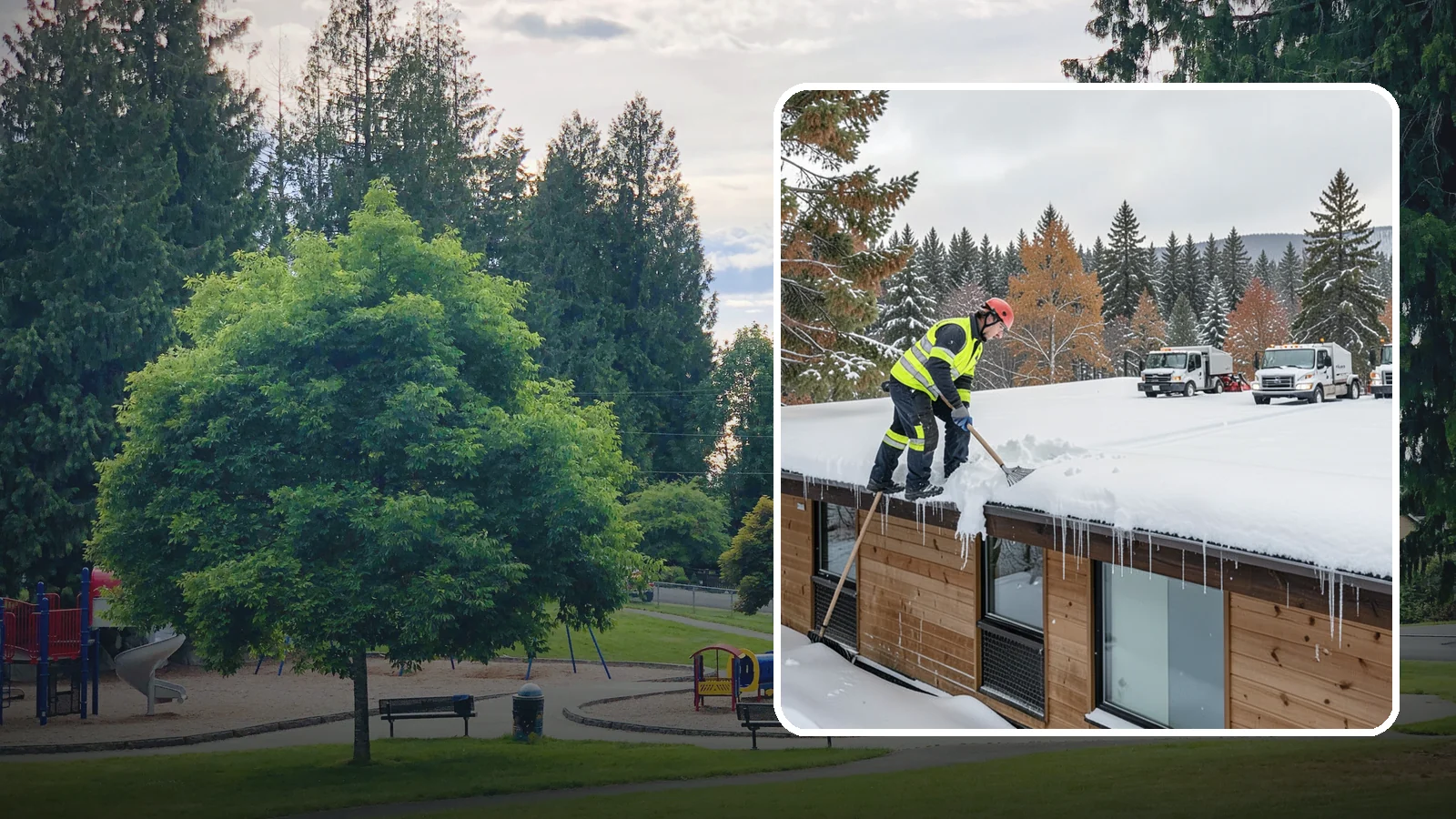 Commercial Roof Snow Removal in Bonney Lake, Pierce County, WA - We manage snow load on large commercial roofs to keep buildings safe and operations running.